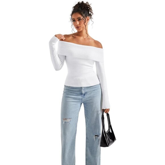 Women Snow White Off Shoulder Long Sleeve Tops Blouse Sweaters - Picture 2 of 6